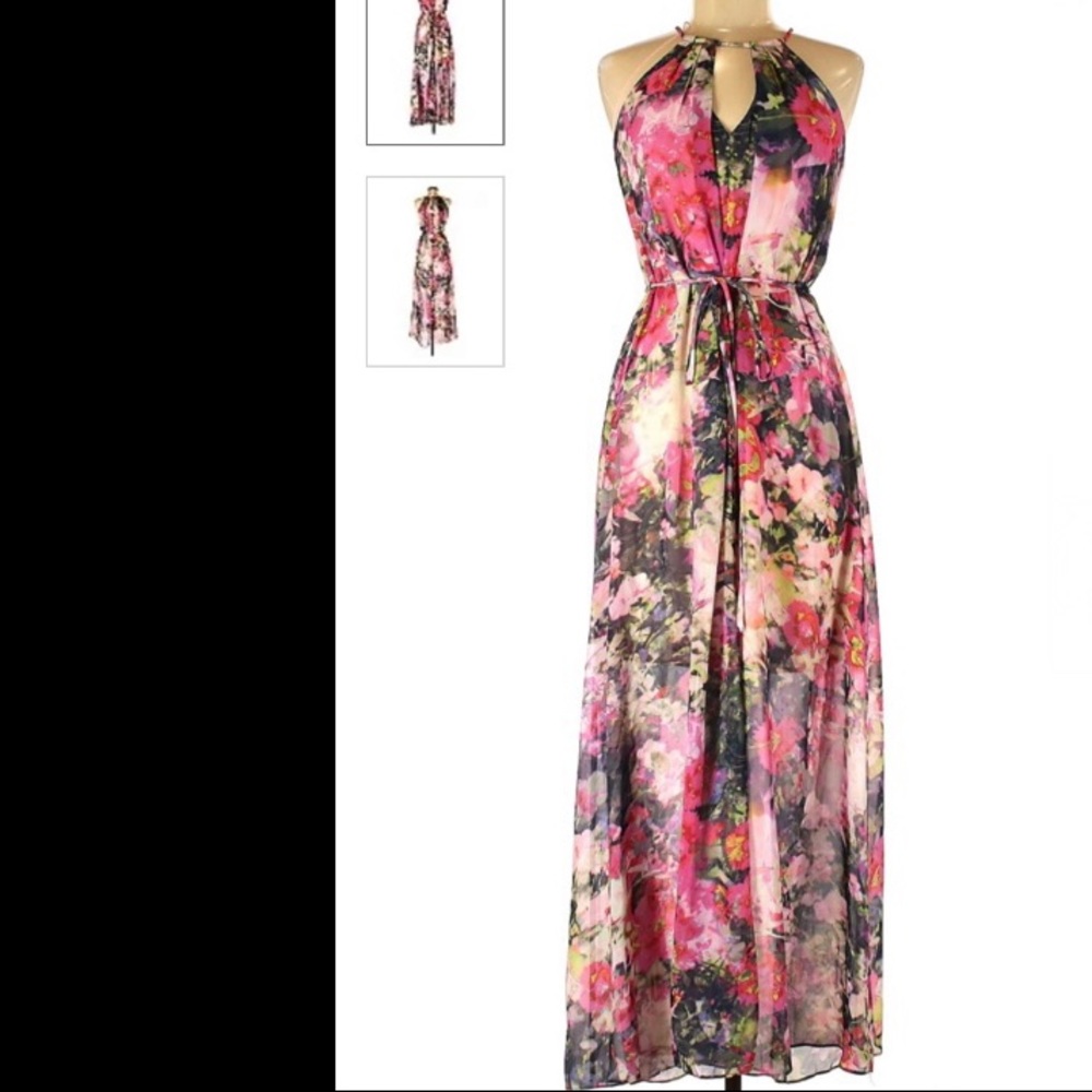 Maggy London long, floral, halter top dress.